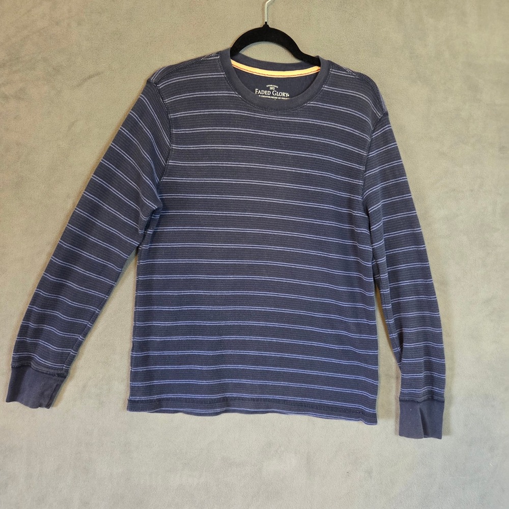 Waffle Knit Thermal Striped Shirt Men's Size Medium Blue Casual Base Layer